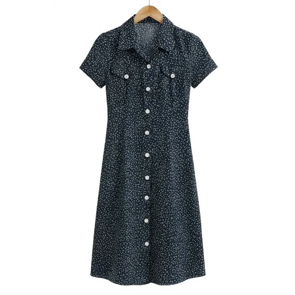 90s Vintage Byer California Womens sz 7 Black Floral Collared Button Midi Dress - Picture 1 of 6